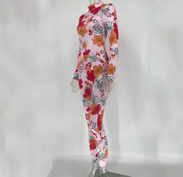 Women Fashion Pink Floral Full Sleeve Jumpsuit