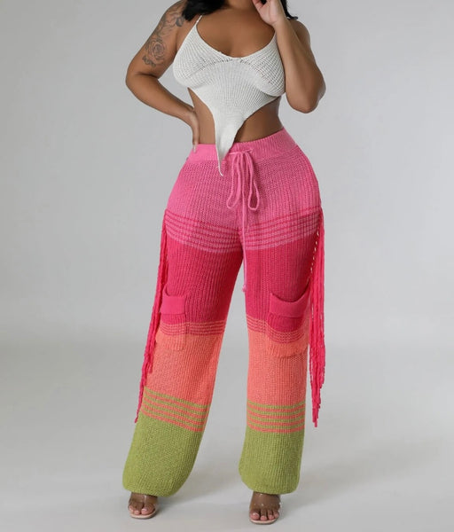 Women Knitted Color Patchwork Fringe Pants