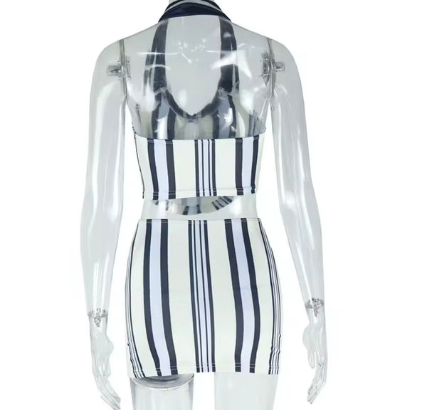 Women Sexy Collar Halter Sleeveless Striped Two Piece Skirt Set