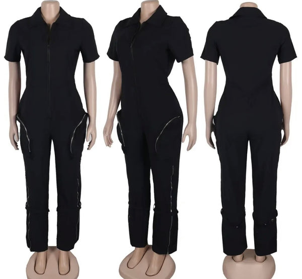 Women Fashion Short Sleeve Zipper Jumpsuit