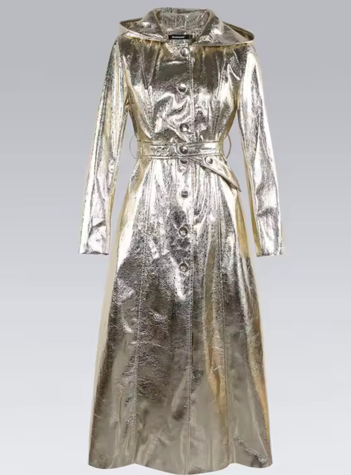Women Metallic Hooded Fashion Trench Faux Leather Jacket