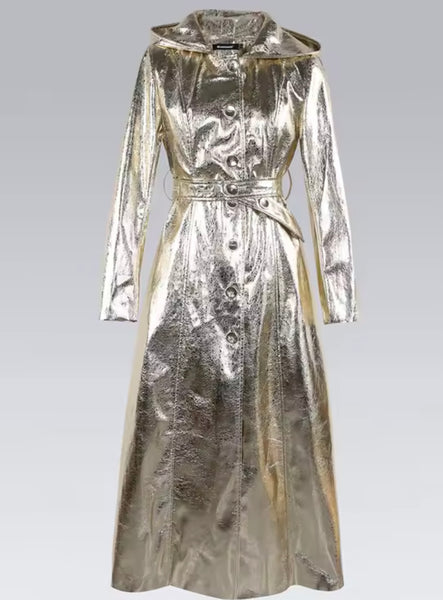 Women Metallic Hooded Fashion Trench Faux Leather Jacket