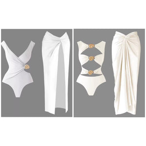 Women White Gold Cut Out Sexy Swimsuit Cover Up Set