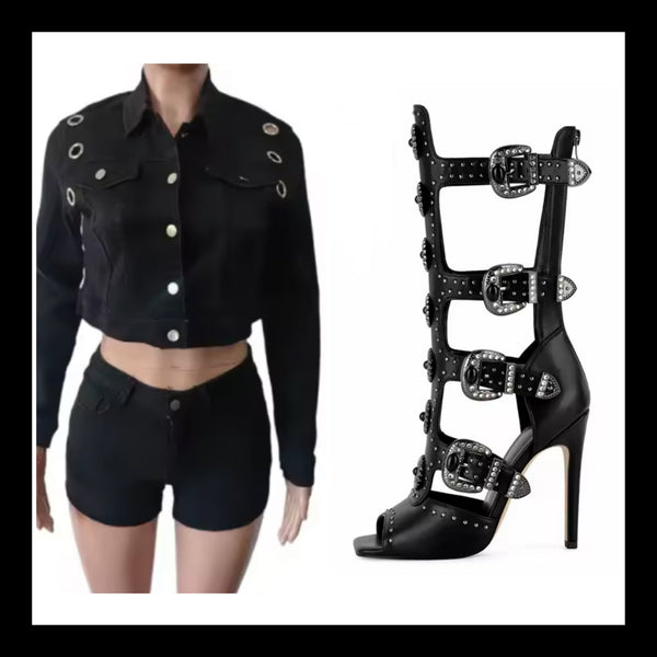 Women Black Button Up Metal Denim Jacket Two Piece Short Set