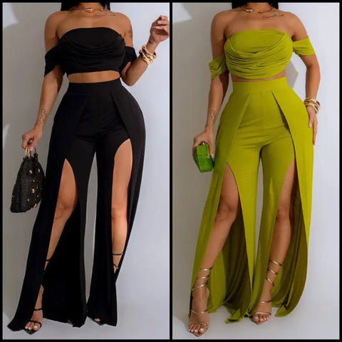 Women Sexy Off The Shoulder Short Sleeve Front Split Two Piece Pant Set