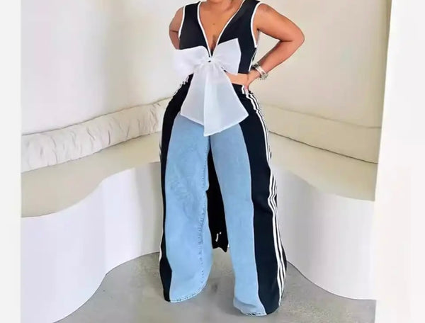 Women Sexy Fashion Sleeveless B&W Bow Long Top