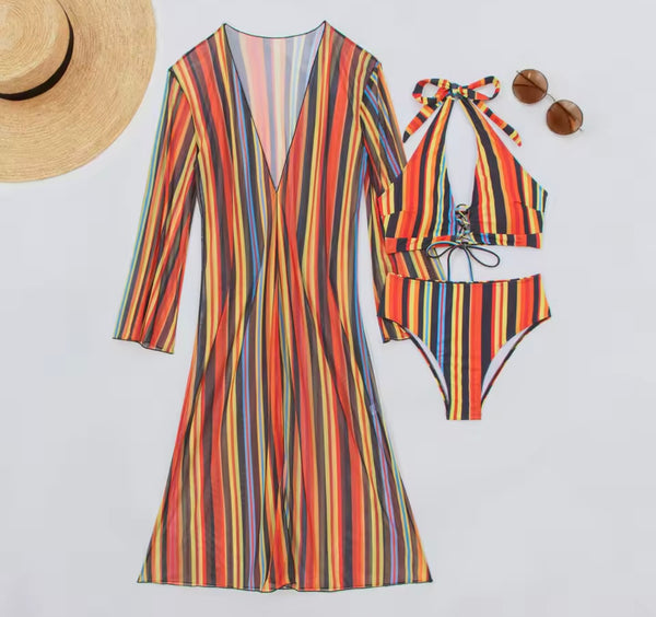 Women Sexy Multicolored Striped Bikini Cover Up Set
