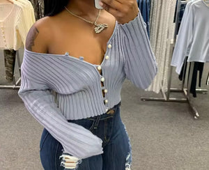 Women Pearl Button Up Ribbed Full Sleeve Fashion Crop Top