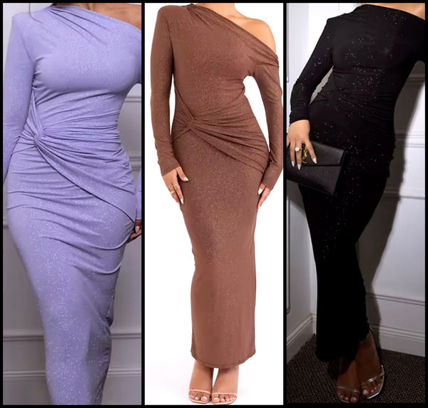 Women Sexy Sparkle One Shoulder Full Sleeve Maxi Dress
