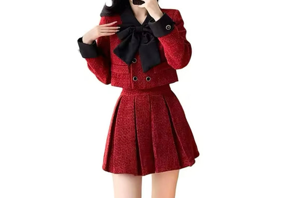 Women Red Bow Button Up Full Sleeve Two Piece Pleated Skirt Set