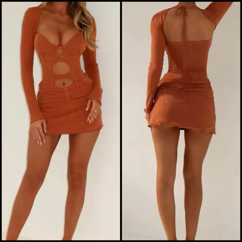 Women Sexy Sparkle Full Sleeve Cut Out Bodysuit Two Piece Skirt Set