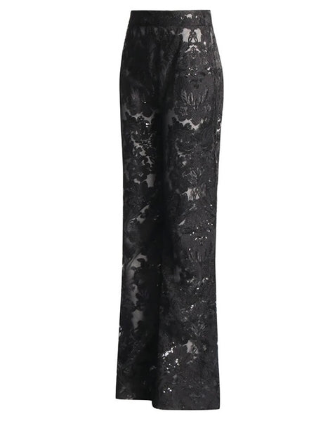 Women Sexy Fashion Black Lace Sequins Two Piece Blazer Pant Set