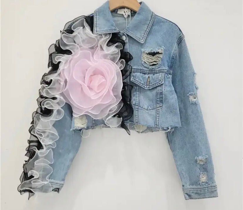 Women Fashion Ripped Color Floral Ruffled Denim Jacket