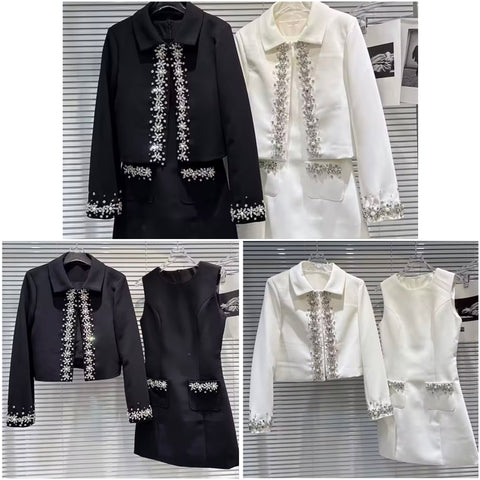 Women Rhinestone Blazer Two Piece Fashion Dress Set