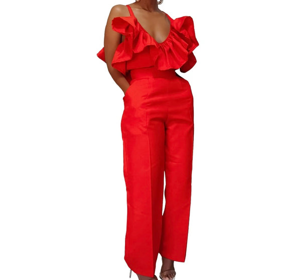 Women Sexy Sleeveless Ruffled Solid Color Two Piece Pant Set