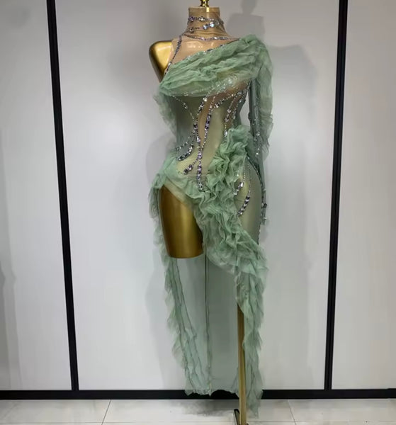 Women Green Ruffle Rhinestone One Shoulder Asymmetrical Dress