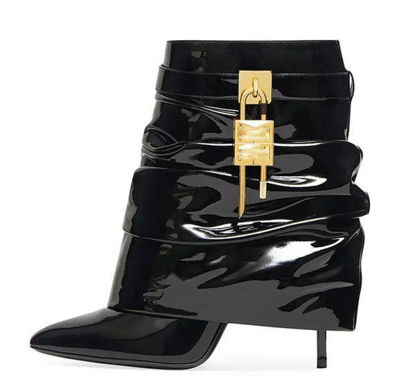Women Fashion Pointed Toe Ruched Buckled Lock Ankle Boots