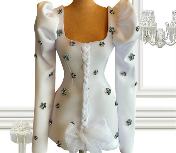 Women Sexy White Full Sleeve Crystal Bow Dress
