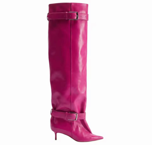 Women Pointed Toe Double Buckle Knee High Boots