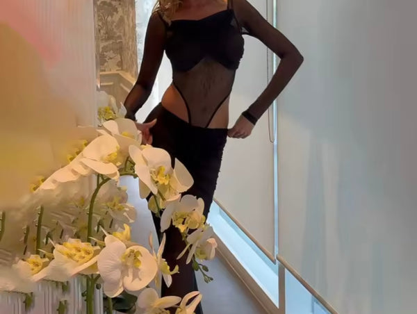 Women Sexy Solid Color Mesh Full Sleeve Bodysuit Two Piece Maxi Skirt Set