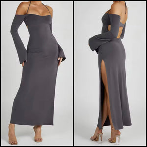 Women Sexy Gray Off The Shoulder Open Back Maxi Dress