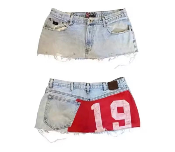 Women Sexy Fashion Color Number Print Ripped Denim Skirt