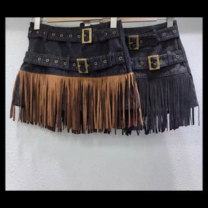 Women Fashion Buckled Fringe Tassel Denim Skirt