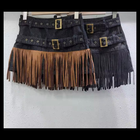 Women Fashion Buckled Fringe Tassel Denim Skirt