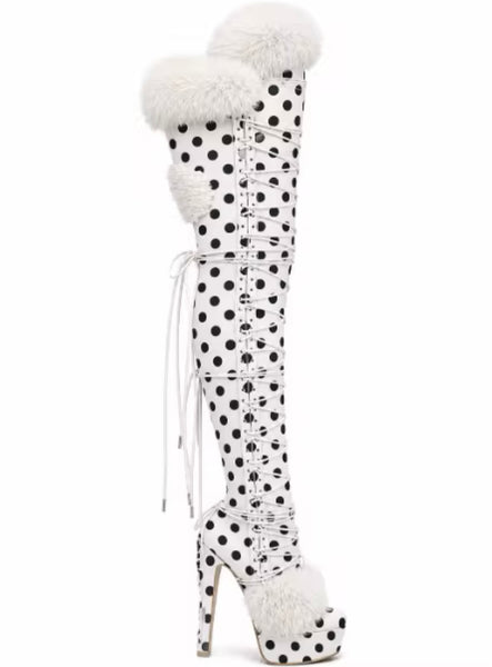 Women Fur Polka Dot Lace Up Over The Knee Platform High Heel Boots
