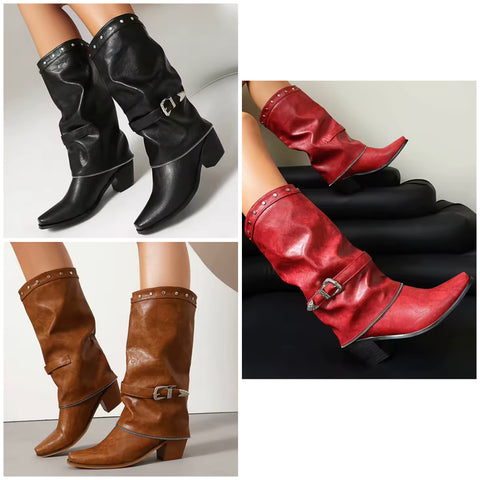 Women Fashion Rivet Zipper Buckled Western Boots