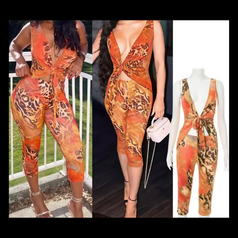 Women Sexy Sleeveless Orange Animal Print Two Piece Capri Pant Set