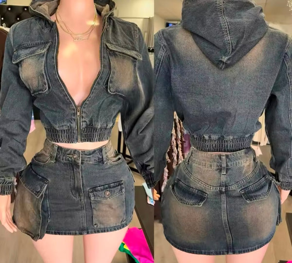 Women Fashion Hooded Zip Up Denim Two Piece Cargo Skirt Set