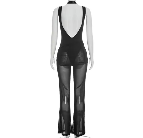 Women Sexy Sleeveless Black Mesh Tie Up Jumpsuit