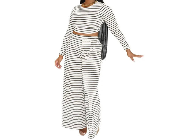 Women Fashion Full Sleeve Striped Two Piece Pant Set