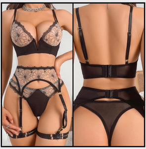 Women Sexy Black Floral Mesh Patchwork Lingerie Set