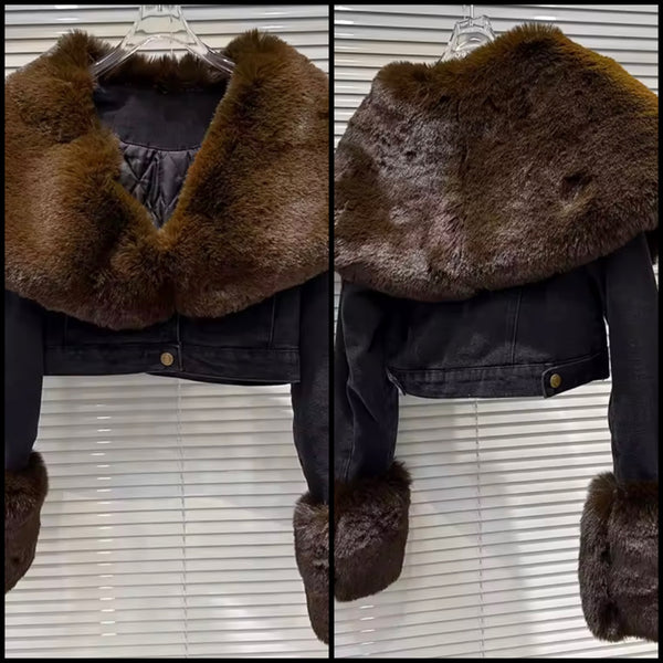 Women Fashion Brown Faux Fur Patchwork Denim Jacket