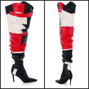 Women Color Patchwork Fashion Faux Leather Over The Knee High Heel Boots