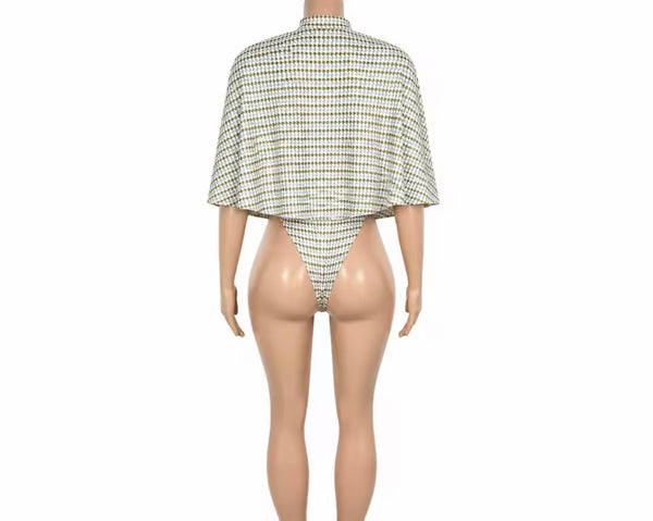 Women PU Patchwork Printed Bodysuit Shawl Set