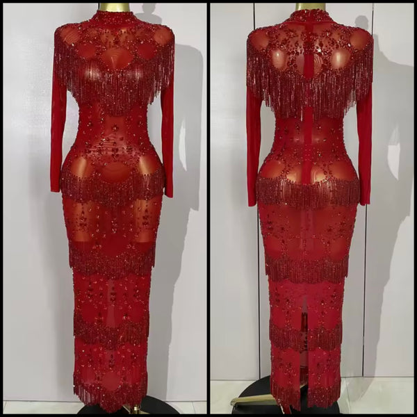 Women Sexy Red Beaded Crystal Tassel Mesh Maxi Dress