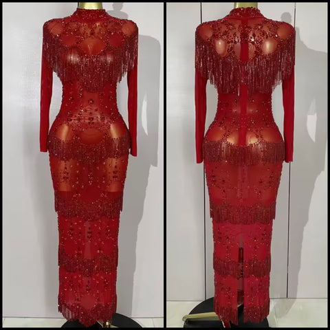 Women Sexy Red Beaded Crystal Tassel Mesh Maxi Dress