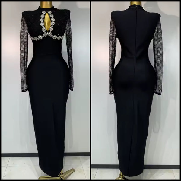 Women Sexy Mesh Full Sleeve Rhinestone Black Maxi Dress