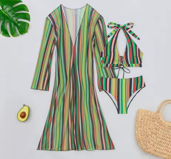 Women Sexy Multicolored Striped Bikini Cover Up Set