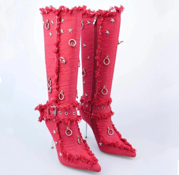 Women Fashion Fringe Star Buckled Denim Knee High Boots