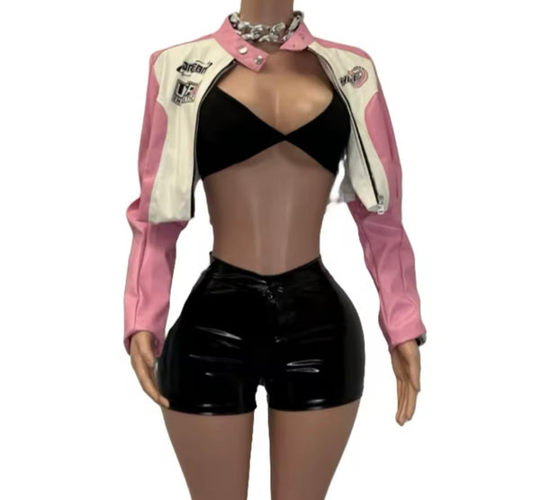 Women Fashion Color Patchwork Three Piece Faux Leather Short Set
