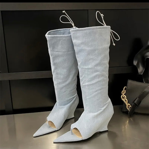 Women Fashion Pointed Open Toe Platform Wedge Knee High Boots