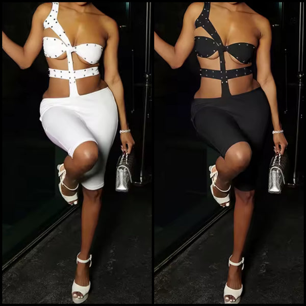 Women Sexy Fashion Rivet One Shoulder Sleeveless Romper