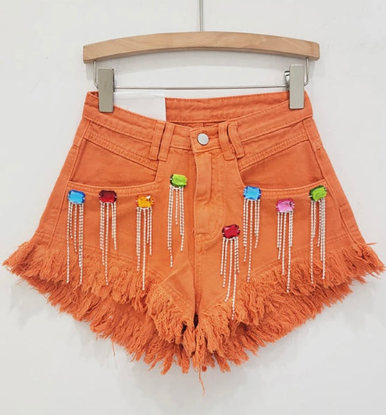 Women Ripped Color Crystal Tassel Fashion Denim Shorts