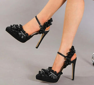 Women Fashion Ruffled Bling Bow Ankle Strap High Heels