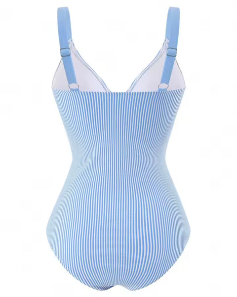 Women Blue Striped Swimsuit Shorts Cover Up Set