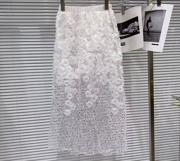 Women White Lace Mesh Full Sleeve Bling Two Piece Maxi Skirt Set